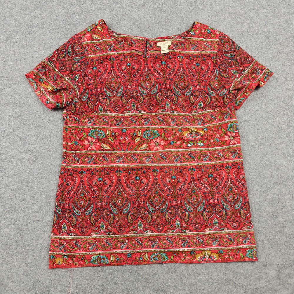 J.CREW Blouse Womens 2XS Red Paisley Boat Neck Short Sleeve Polyester Jersey